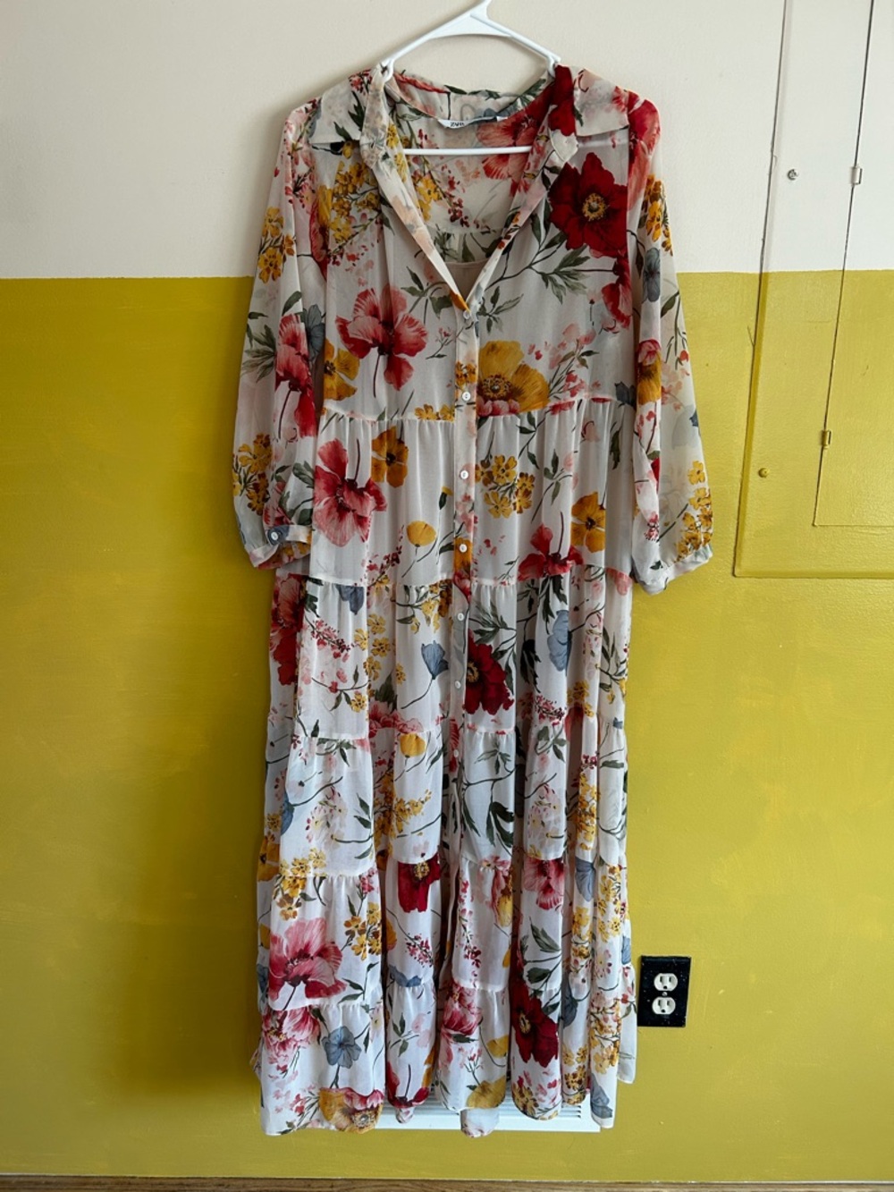 Floral Tiered Long Sleeve Maxi Dress in White and Red